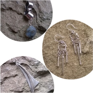 Clockwise from left:  Labradorite Pendant; Dangle Earrings; Sail Pendant
